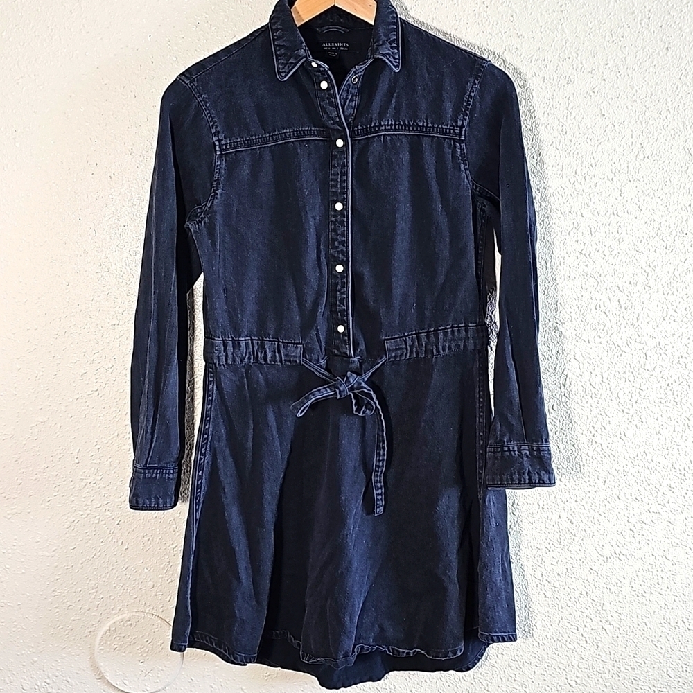 Allsaints Sanko Denim Dress long sleeve pearl snaps.
